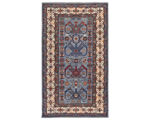 4x6 Ft Blue Gray Afghan Hand Knotted Kazak Wool Area Rug